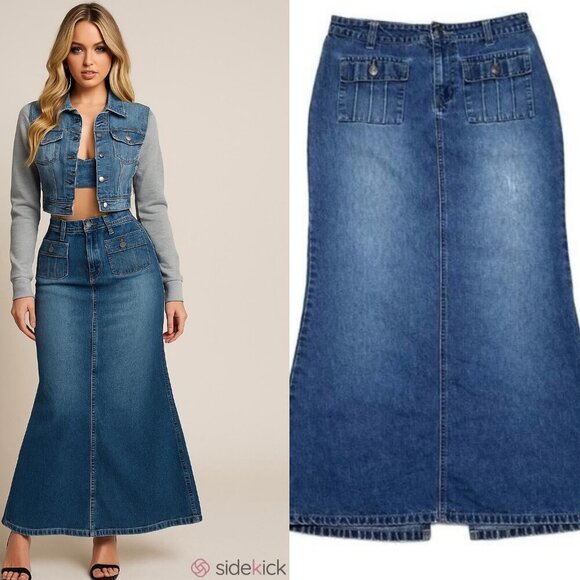 Vintage Dresses & Skirts - 90s Vintage No Boundaries High Waisted Back Slit Maxi Denim Mermaid Skirt Small